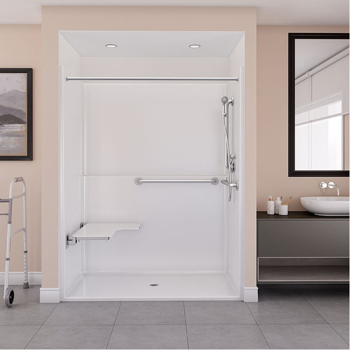 one piece accessible shower with accessories in a bathroom 