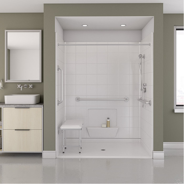 freedom accessible shower with grab bars in a bathroom
