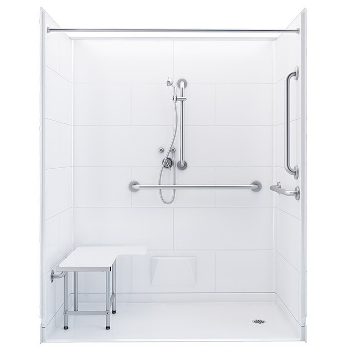 5 piece ADA roll in shower stall with grab bars 