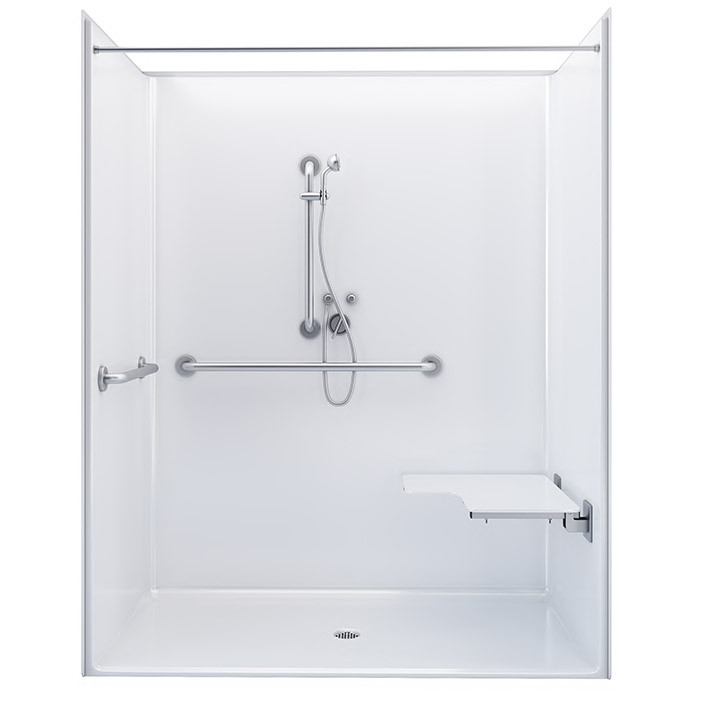 one piece ADA rollin shower stall with grab bars