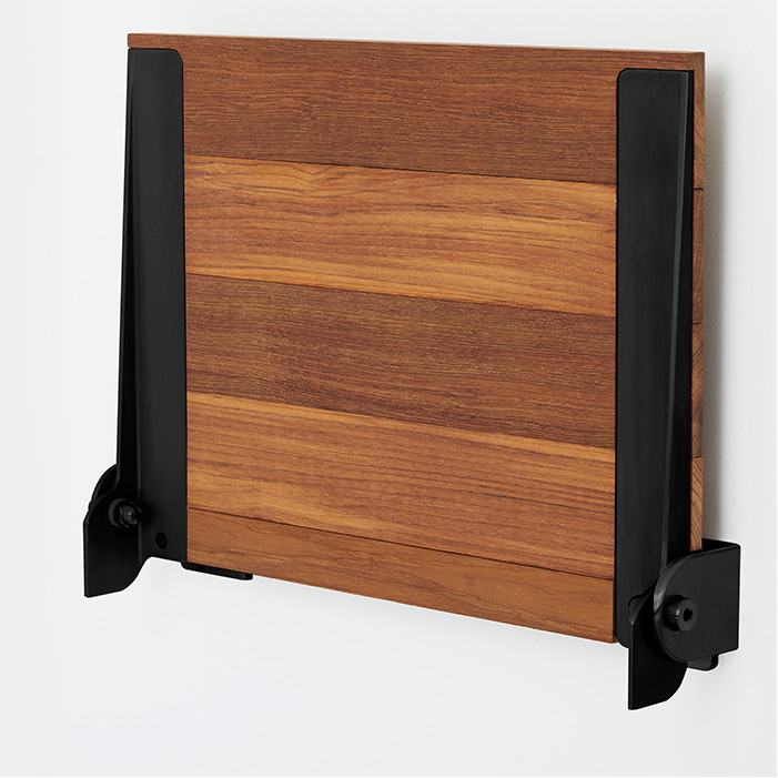 folded up teak wood shower seat  with black frame