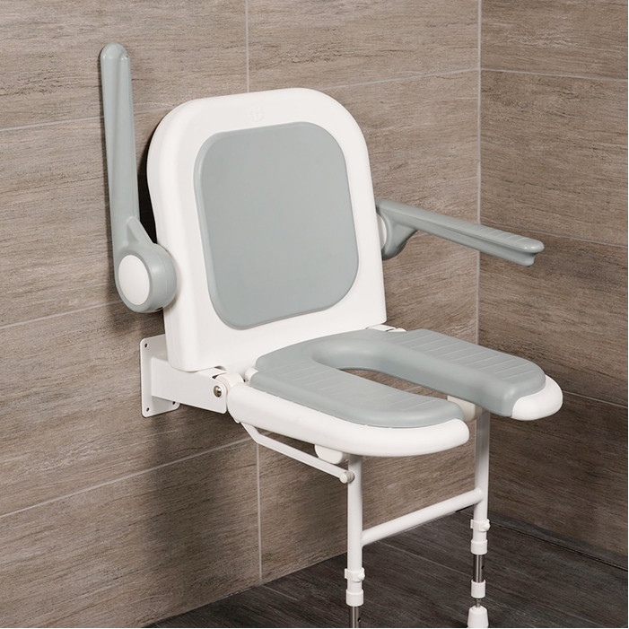wall mounted shower seat with back and arms grey